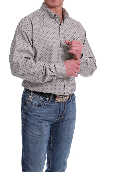 Mens Cinch Long Sleeve Grey Geometric Print Shirt